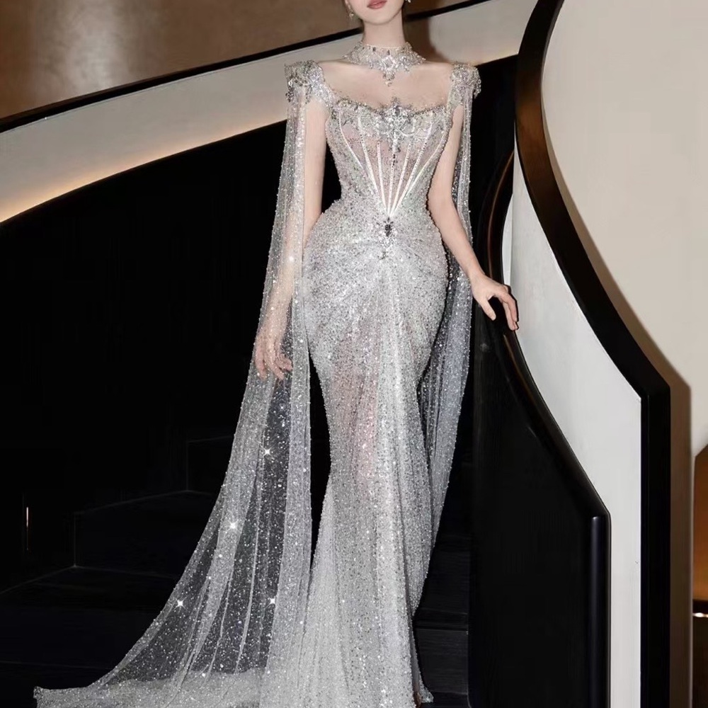Elegant and Sexy Silver/Ivory Wedding Gown